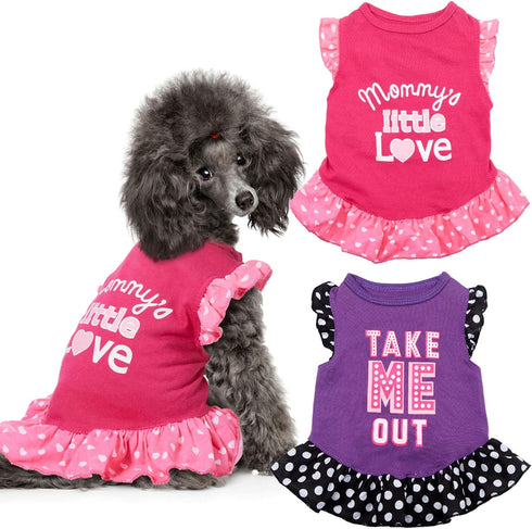 2 Pieces Dog Dresses for Small Dogs, Cute Girl Dress and Puppy Shirt Skirt, Summer Clothes Apparel for Dogs and Cats