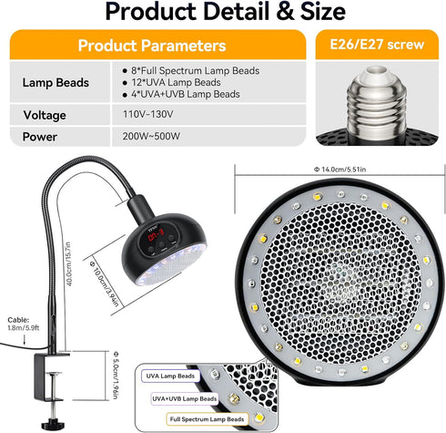TFNN Holder200W-350W-500W 3-6-9-12H Heat Lamp for Chickens with Reptile Heating Lamp with UVA UVB Ligh Timer, Protable