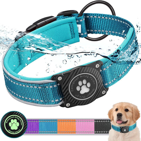 Airtag Dog Collar with Waterproof Holder, Adjustable Soft Padded Nylon for Small Medium Large Dogs, Blue, M