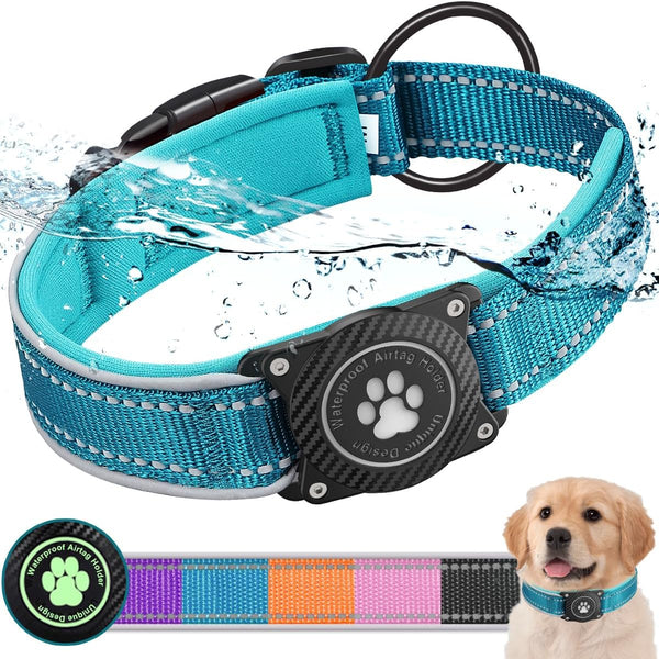 Airtag Dog Collar with Waterproof Holder, Adjustable Soft Padded Nylon for Small Medium Large Dogs, Blue, M