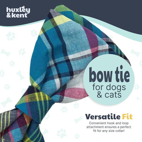 Huxley & Kent Pet Bow Tie for Dogs & Cats, Adjustable Collar Accessory, Blue Madras, Small
