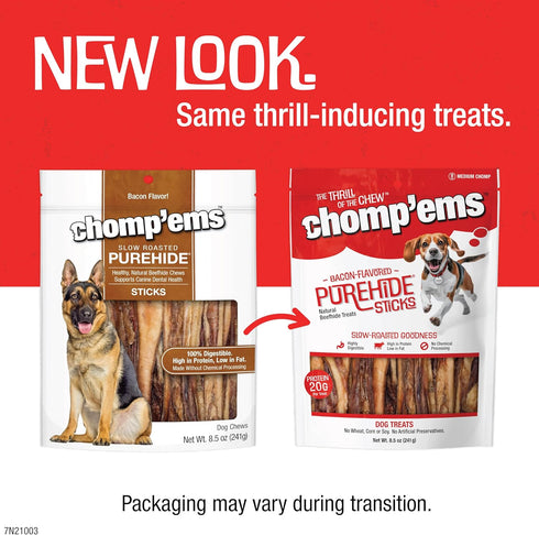 CHOMP 'EMS Purehide Chews - Slow Roasted Rawhide Dog Treats, High Protein Beef Hide, Bacon Flavor, 8.5 Oz