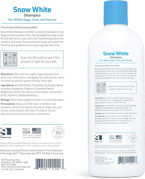17 oz Veterinary Formula Smart Coat Complex Snow White Shampoo for Dogs and Cats, Fl Gently Remove Stains and Yellowing