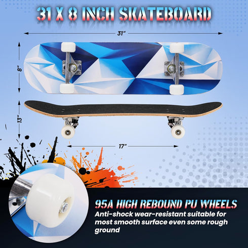 Pro Complete Skateboards for Beginners - 31"x8" Skate Boards, 7 Layers Canadian Maple Double Kick Deck
