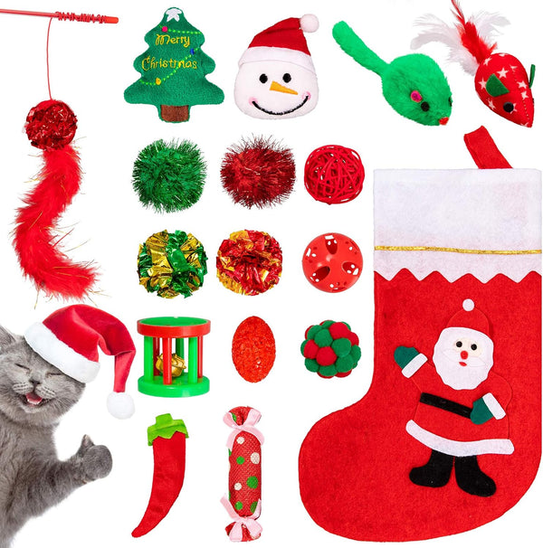 Whaline 17pcs Christmas Cat Toys - Stocking Cat Stick, 7 Cat Playing Balls, 2 Mice Plush, Snowman & Christmas Tree