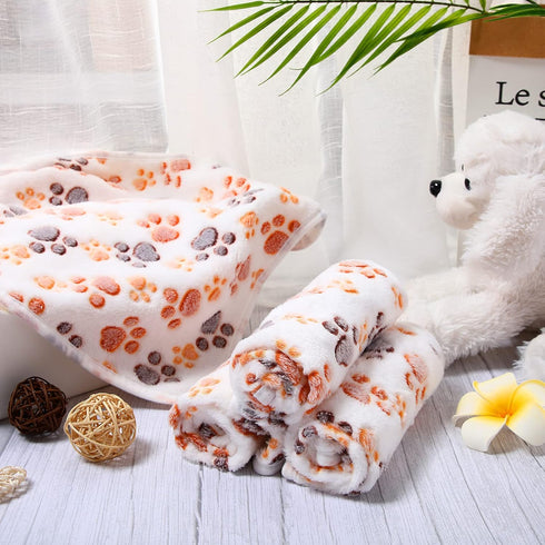 4 Pcs Pet Blanket Dog Puppy Blanket, White Paw Print Fleece Blanket for Small Medium Pets, Warm Soft Sleep Mat, Guinea