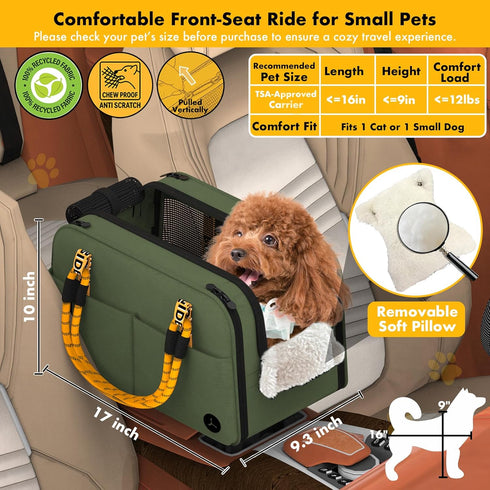 12lb PAWZIDEA Center Console Dog Car Seat, Enclosed Small Dog Armrest Booster Carseat, Secure Straps &Anti Slip