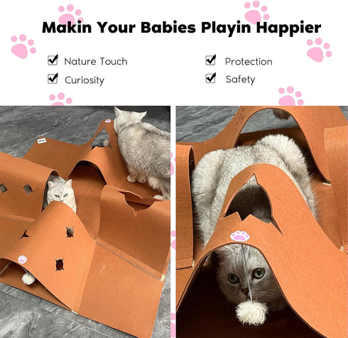 4-Way Interactive Cat Tunnel Mat for Indoor Cats, Felt Cat Cave with Hanging Ball, Foldable Kitty Play Mat and Hideout