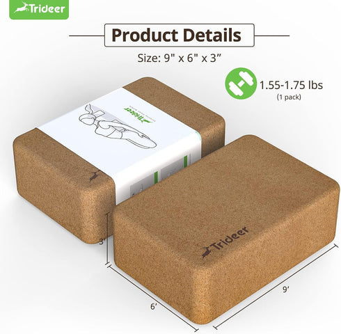 Trideer Cork Yoga Blocks - 2 Pack Natural High Density Yoga Block with Non Slip Surface for Yoga, Pilates, Stretching