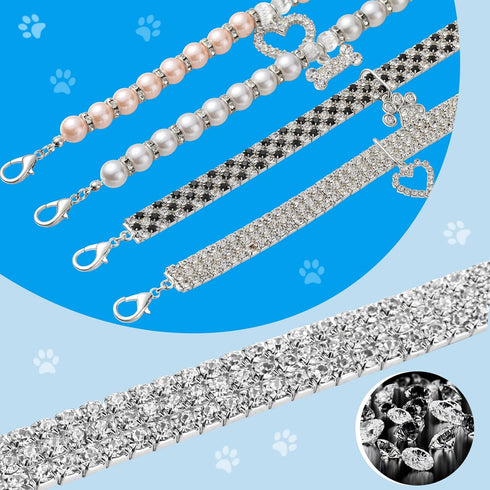 4 Pcs Pearl Dog Collar Necklaces, Rhinestones Adjustable Set for Small Dogs & Cats, Crystal Pet Jewelry