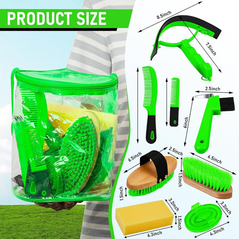 9 Set Cunhill Pcs Horse Grooming Kit Tack Room Supplies with Tote Bag, Oval Massage Curry, Hard and Soft Brush, Hoof