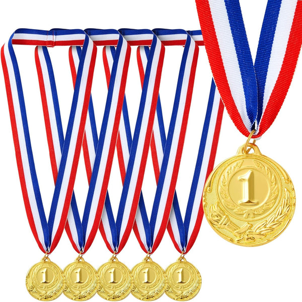 Juvale 1st Place Gold Medals for Kids & Adults - 6-Pack with 15.5 in Red, White & Blue Neck Ribbon