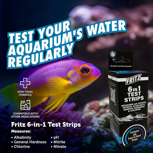 Fritz 6 in 1 Aquarium Test Strips, Monitor Nitrates, Nitrites, Water Hardness, Chlorine, Alkalinity and pH Level, 100