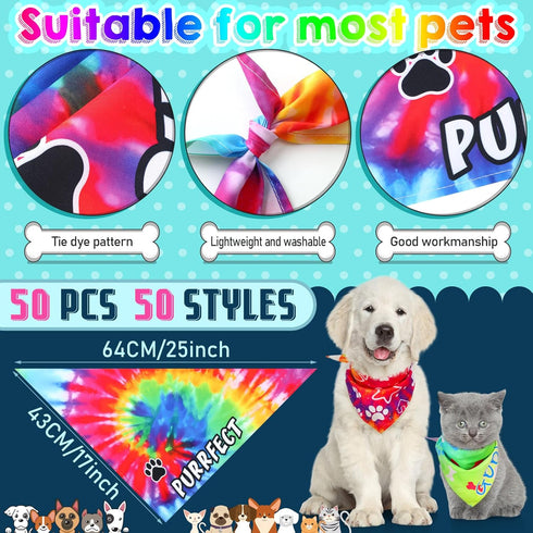 Huhumy 50 Summer Pcs Tie Dye Dog Bandanas Bulk Pet Bibs Colorful Triangle Scarf Tie Dye with Sayings Pet Bandanas