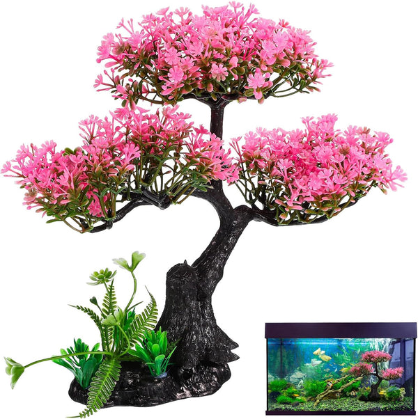 Beaupretty Artificial Aquarium Plants, Pink Cherry Blossom Tree Decor for Fish Tank, Realistic Plastic Decorations.