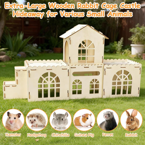 Chinchillas BWOGUE Extra Large Wooden Rabbit Hideout Castle, Detachable Bunny Castle for Rabbits Guinea Pigs, Sturdy