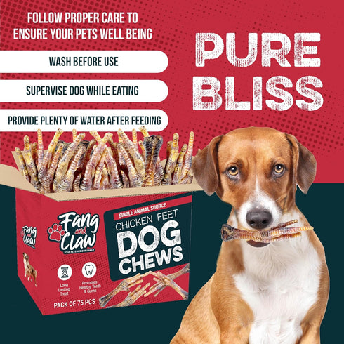 Fang and Claw 75 Count Pack Nail-Free Chicken Feet for Dogs, Bulk Single-Ingredient Air-Dried Dog Chews, Glucosamine