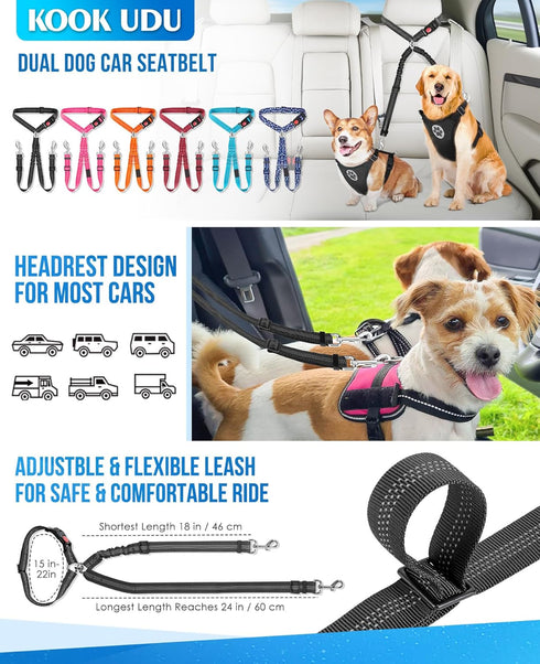 KOOK UDU Dog Seat Belt for Car, Dual Pet Vehicle Headrest Restraint Safety Seatbelt,Two Dog Leash No Tangle Dog Car