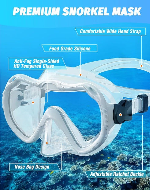 Snorkeling Gear for Adults, 180° Panoramic View Snorkel Mask Set with Food-Grade Silicone Anti-Fog