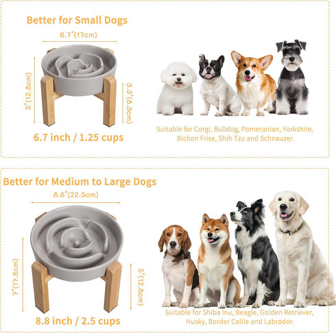 8.8 inch Elevated Slow Feeder Dog Bowl - Puzzle Maze Dish with Bamboo Stand - Raised Ceramic Food Bowl for Medium