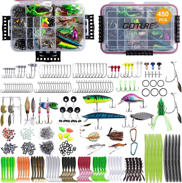 Goture 450 Pcs Fishing Lures Accessories Kit with Tackle Box, Hooks, Minnow, Crankbait, Frog, Popper, Lure