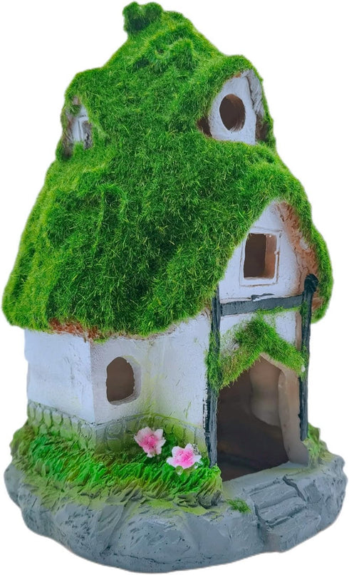 Aquarium Decorations Fish Hideout House, Betta Cave with Green Lifelike Moss (Garden Shed)
