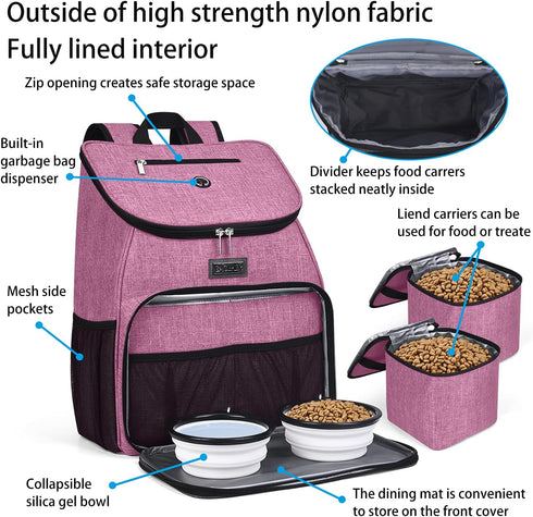 BAGLHER Dog Travel Bag, Airline Approved Pet Supplies Backpack with 2 Silicone Collapsible Bowls and 2 Food Baskets