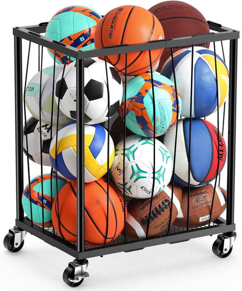 TomCare Garage Ball Rolling Storage Rack Large Capacity Basketball Holder with Elastic