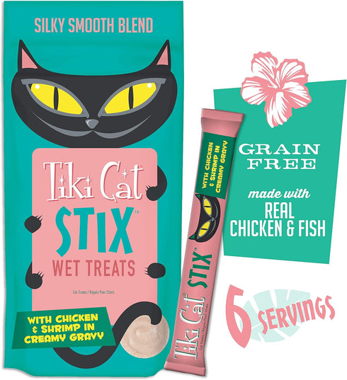 Tiki Cat Stix Wet Treats - Grain Free Lickable Mousse with Chicken & Shrimp in Creamy Gravy, 6 Count (Pack of 1)