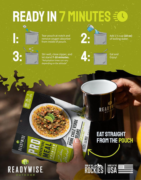 2 1 680 37g 5 ReadyWise Outdoor Pro Adventure Meal - Pork Chile Verde with Beans, Servings, Pouch, Gluten Free