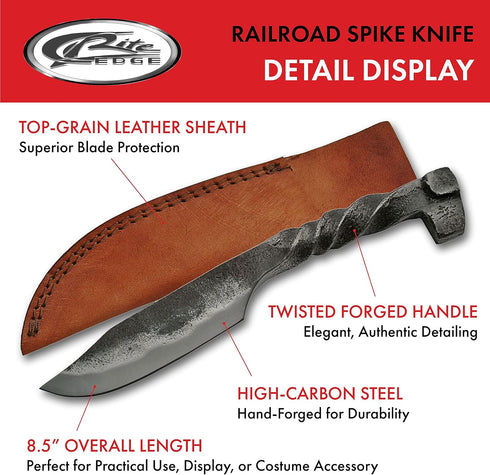 SZCO Supplies Twisted Railroad Spike Knife - 8.5 Inch Carbon Steel Blade with Brown Leather Sheath