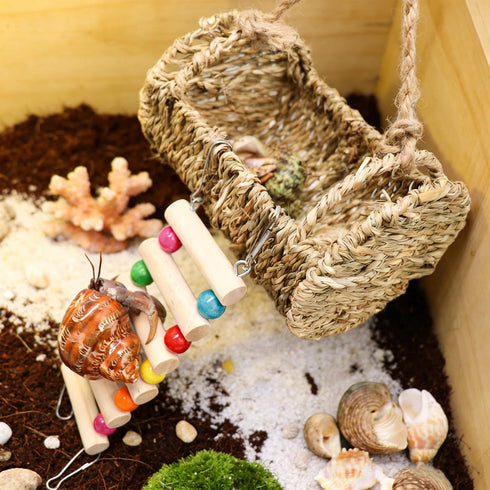 Hermit Crab Hideout with Ladder, Lizard Climbing Toys, Hermit Crab Hut with Aquarium Plants, Reptile Habitat for Gecko