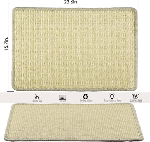 Cat Scratcher Mat, 23.6x15.7” Natural Sisal Scratching Mat with Velcro Tape,Stick on Floor and Wall Cat Scratch Pad Rug, Horizontal Cat Scratch Mat Protect Carpet and Sofa (Natural Color)