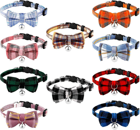 Weewooday 10 Pcs Breakaway Cat Collar with Bow Tie and Bell, Adjustable Cute Plaid Safety Collars for Cats