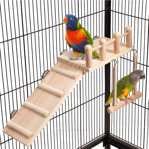 Bird Perches Platform Swing with Climbing Ladder, Sturdy Wooden Playing Gyms for Small Birds