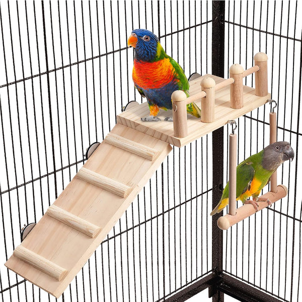 Bird Perches Platform Swing with Climbing Ladder, Sturdy Wooden Playing Gyms for Small Birds
