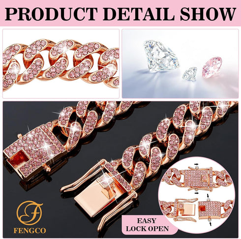 RoseGold Dog Chain Collar, Diamond Cuban Link 13mm Wide Necklace for Small Medium Large Dogs Cats (14inch)