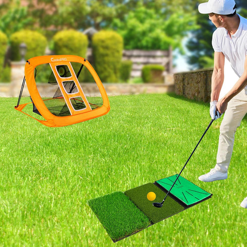 Golf Chipping Net Set with Pop Up Net, Durable Rubber Training Mat, 10 Golf Tees, 6 Practice Balls, Carry Bag