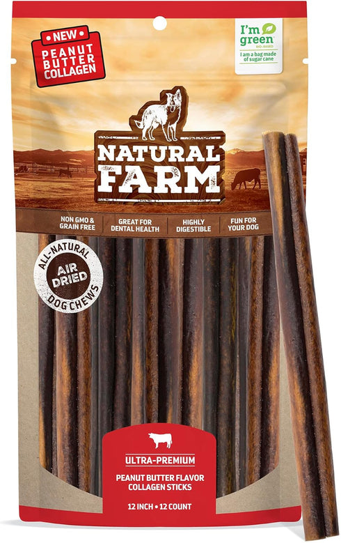Natural Farm Peanut Butter Flavor Collagen Sticks for Dogs (12 Inch, 12 Pack) - Rawhide Alternative Chews with