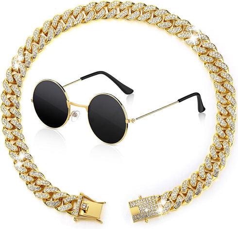 Xuniea 2 Pieces Cat Dog Chain Collar and Sunglasses Set, Rhinestone Collar with Secure Buckle, Round Glasses (Gold,
