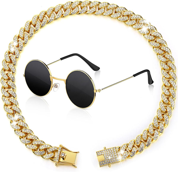 Xuniea 2 Pieces Cat Dog Chain Collar and Sunglasses Set, Rhinestone Collar with Secure Buckle, Round Glasses (Gold,