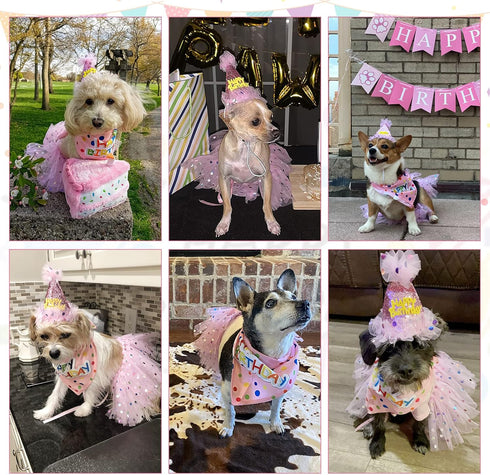 SCENEREAL Dog Birthday Bandana with Hat and Dress Girl Set, Cute Pink Tutu Skirt Outfit for Small Medium Large Dogs