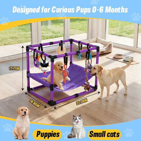 Bullro 8 Hammock Purple Puppy Play Gym with Hanging Toys, Dog Jungle Gym Indoor with and Funny Enrichment Toys, PVC