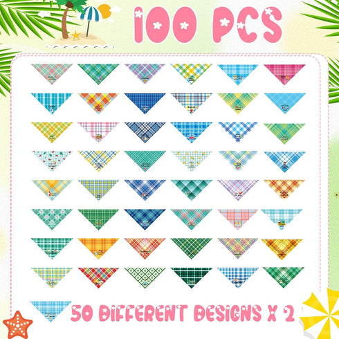 100 Summer Sweetude Pcs Plaid Dog Bandana Bulk with Sayings Hawaii Bandana Pet Scarf Triangle Bibs Washable Puppy