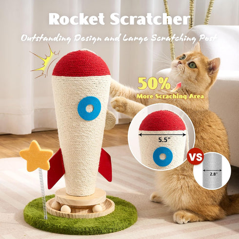 Cat Scratching Post, Rocket Cute Sisal Cat Scratcher with Durable Solid Wood Turntable Toy, Cat Scratch Post Red Cat