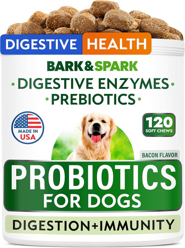 Bark&Spark Dog Probiotics & Digestive Enzymes (120Ct Bacon) - Allergy & Itchy Skin, Diarrhea, Gas Treatment, Tummy