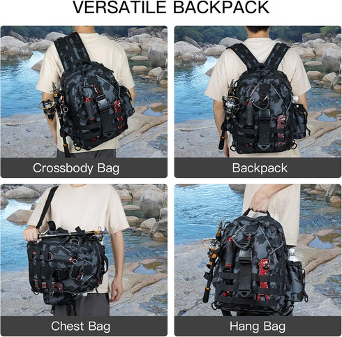 Night Cat Fishing Tackle Backpack, Fly Fishing Sling Bag with Rod Holder and Storage