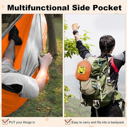 SZHLUX Double & Single Camping Hammock with 2 Tree Straps, Portable for Hiking, Backpacking, Outdoor, Beach, Orange/Grey