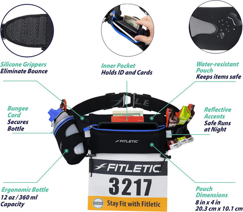 12oz Fitletic Hydration Running Belt With Quick Flow Water Bottle For Men & Women Race Belt, Gel Holder & Bib Toggles