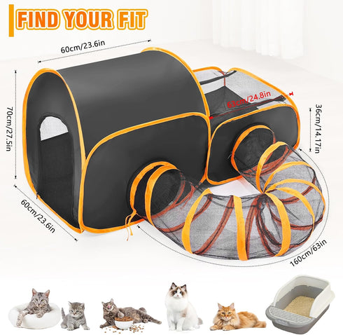 2-Linked-Enclosed Portable Cat Playpen with Surround Tunnel, Areas, Ideal Cat Tent Outdoor or Cat Playpen for Indoor